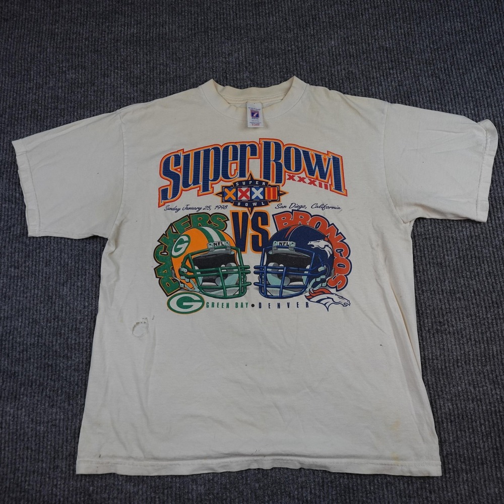 Vintage Super Bowl XXXII Shirt Mens XL White NFL Football Packers Broncos Logo 7